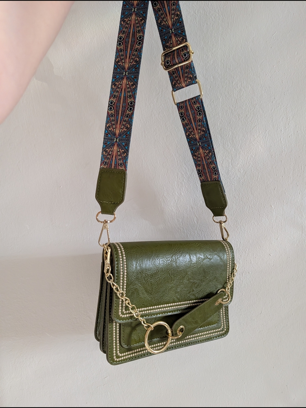 Olive Green Crossbody Shoulder Bag with Decorative Strap And Gold Chain Detail